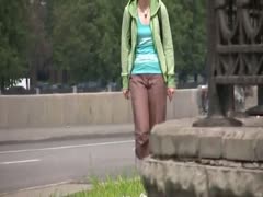 Blonde dilettante white wife loves pissing in her panties during summertime